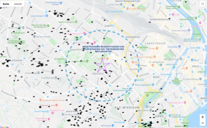 Die Karte von Zürich StadtWildTiere zeigt Einträge über gesichtete Igel im Quartier. Ein Radius von 1km ist markiert, das ist auch das Wohnquartier vieler Schüler die in den Garten kommen. https://zuerich.stadtwildtiere.ch/beobachtung/suchen